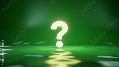 A prominent white question mark glows against a green backdrop.
