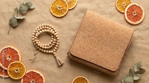 Cork clutch bag with wooden beads and dried citrus.