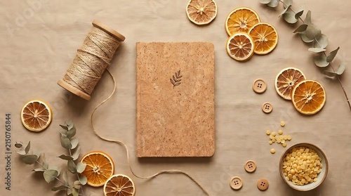 Cork notebook with dried citrus and botanical elements.