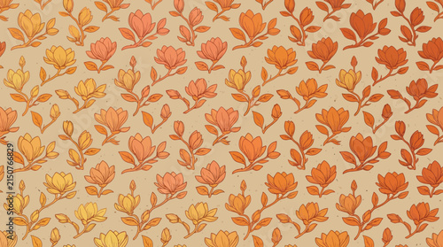 Hand drawn orange flower pattern on beige background
