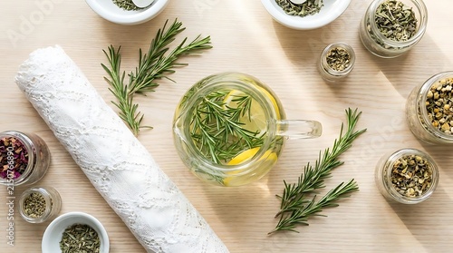 Herbal infusion flat lay with rosemary and jars.