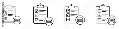 Vehicle inspection icon set for car maintenance, automotive service, repair checks, diagnostics, and inspection designs.