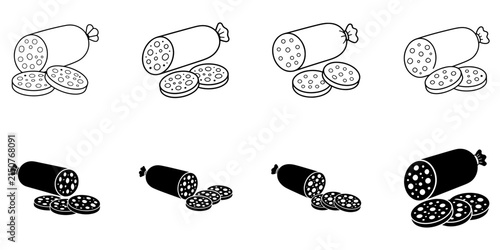 Sausage and salami icon set featuring meat food illustrations for menus, packaging, restaurants, and cooking