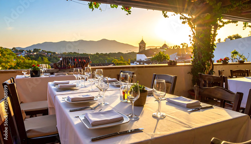 Outdoor restaurant table setting at sunset with panoramic scenic view of mountains and village, luxury fine dining experience