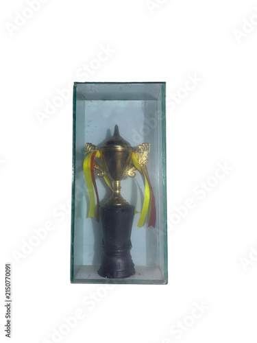 Gold trophy cup with yellow ribbons inside a clear glass display case for award ceremony.