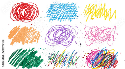 Colorful crayon scribbles and messy hand drawn vector textures set on a clean white background surface
