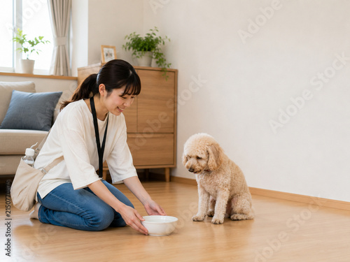 Japanese Pet Sitter Placing a Water Bowl for a Dog at Home