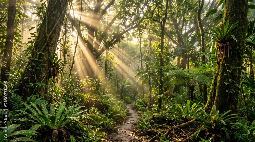 Naklejka premium Sunlight rays in tropical rainforest. Morning light beams through trees in lush jungle.
