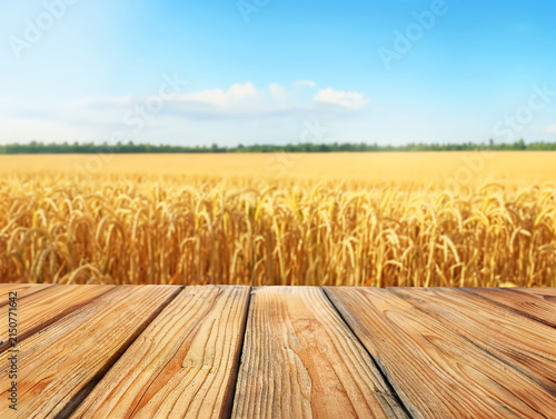 Empty wooden table in front of golden wheat field under blue sky