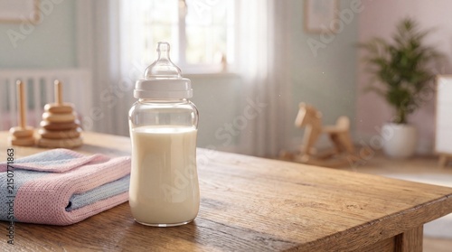 Bottle of Milk on Table with Wooden Surface