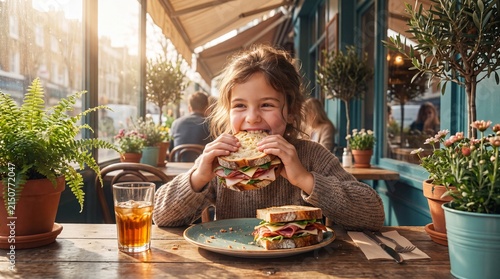 Girl Enjoying Sandwich at Restaurant