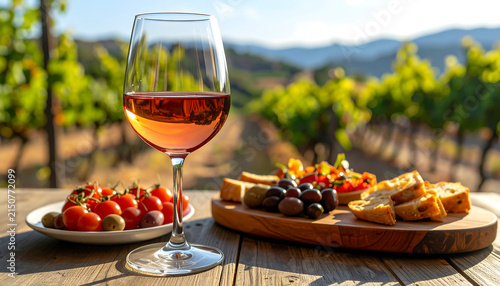 Glass of rose wine with delicious tapas appetizers and cherry tomatoes on wooden table in sunny vineyard