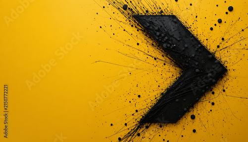 Large black textured arrow pointing to the right on bright yellow background with splattered paint streaks radiating outward from edges