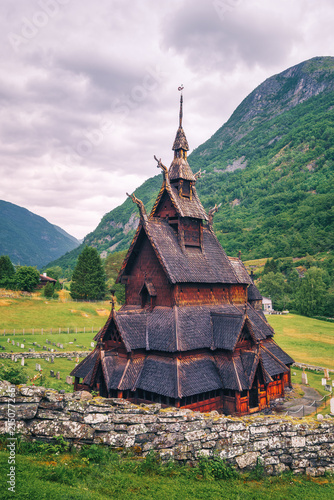 Scenic view of historical wooden Borgund Stave church, Norway