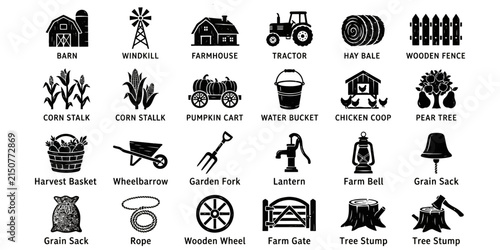agricultural thing like barn, tractor, hay bale, corn stalk, pumpkin cart, water bucket, chicken 