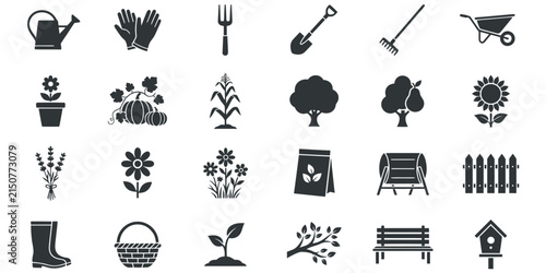 a comprehensive collection of gardening and horticulture icons including tools, plants, equipment, and accessories for a detailed stock photography asset
