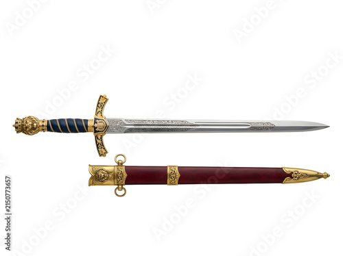 Ceremonial sword and scabbard with ornate golden hilt blue grip and silver blade, isolated on transparent background