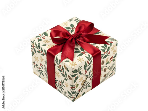 Gift box wrapped in festive Christmas paper with red satin ribbon bow, isolated on transparent background