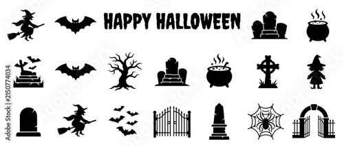 Halloween silhouette icon set with witch, bat, and graveyard