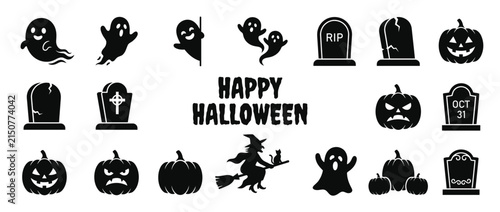 Halloween silhouette icon set with ghosts pumpkins and witch