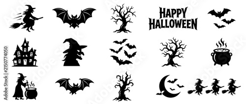 Halloween silhouette icons set featuring witches bats and spooky trees