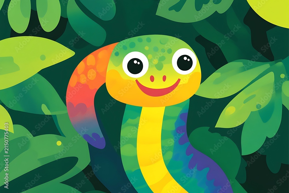 Fototapeta premium Colorful rainbow snake emerging from green foliage with a cheerful expression