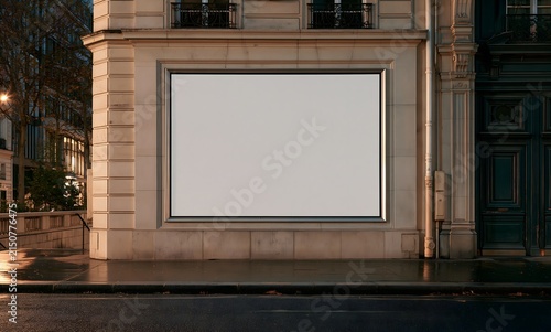 a square billboard screen with thin gray metallic frame, the screen fills an old window opening with beautiful frame, the screen is on a wall of an old Haussmann building in central Paris