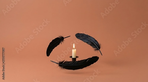 A hauntingly beautiful halloween still life featuring a flickering candle surrounded by dark mysterious raven feathers evoking a spooky atmosphere