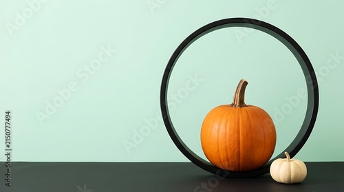 A spooky still life orange pumpkins and a dark wreath evoke the festive spirit of halloween and autumnal delights
