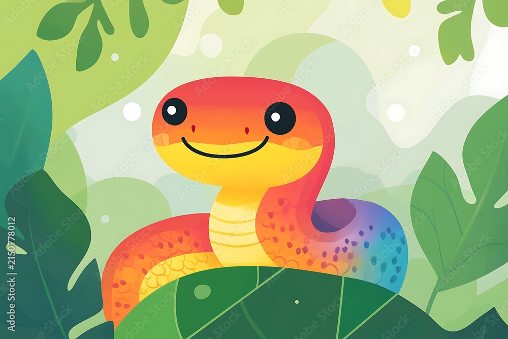 Fototapeta premium A cheerful cartoon frog sitting amidst vibrant green foliage in a sunny outdoor setting