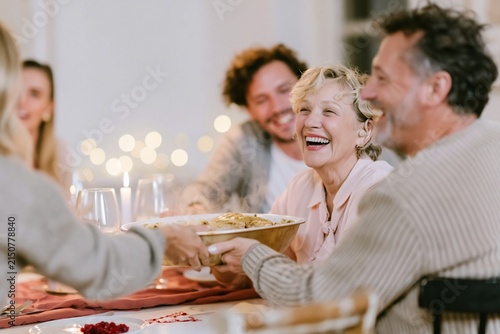 Multigenerational family passing a steaming roasting dish at a boisterous Christmas dinner table for holiday food brand storytelling