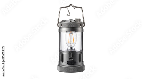 Vintage style camping lantern, portable LED emergency light with metal handle, rustic outdoor lamp for hiking and survival gear isolated PNG with Transparent Background