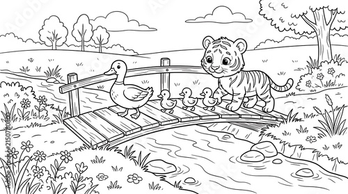 Tiger cub walking across a wooden bridge with a mother duck and her ducklings in a peaceful nature landscape for coloring book page