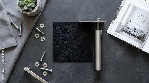 Industrial design mood board with hardware and architecture magazine.