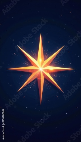 Isolated star of eight rays against a dark blue background, ray, glow