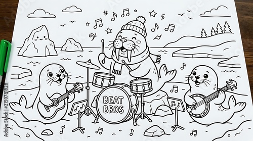 Walrus drummer and two seal musicians playing guitar and banjo in an arctic landscape with icebergs for kids coloring book activity