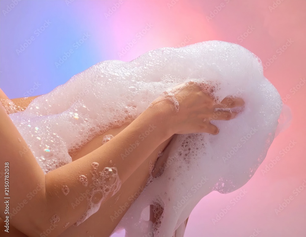 Fototapeta premium Hands being washed with white soapy foam bubbles.