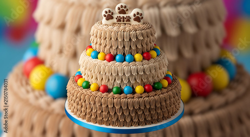 Three tiered chocolate frosted cake decorated with paw print topper