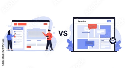 Comparison of static website builder and dynamic AI chatbot platform vector illustration