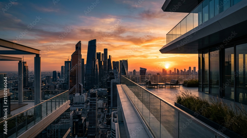 Naklejka premium Modern Cityscape Balcony View Sunset Skyline Luxury Apartments Highrise Buildings