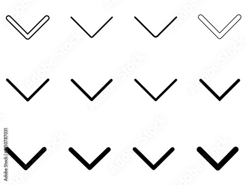 Black down chevron arrow vector icon for app interfaces, websites, infographics, presentations and marketing.