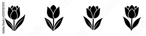 Minimalist blooming tulip flower vector icon with bold black shapes on a clean white background.
