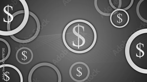 Abstract dollar symbols and circles on dark finance background animation