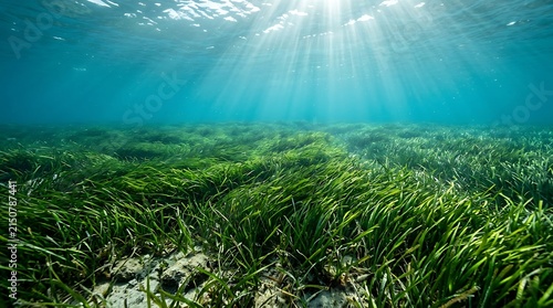 Lush green seagrass meadow swaying in clear blue water