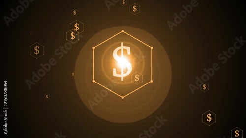 Glowing dollar symbol inside a hexagon with floating money icons animation