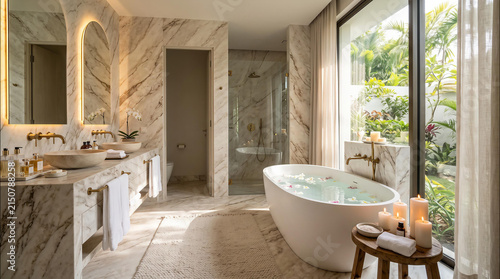 Luxurious modern bathroom featuring white marble walls elegant brass fixtures and a deep soaking bathtub filled with tropical flower petals