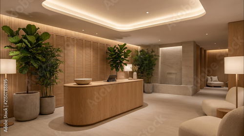 Modern wooden reception desk inside a luxury spa featuring warm ambient lighting and lush green potted plants for serene atmosphere