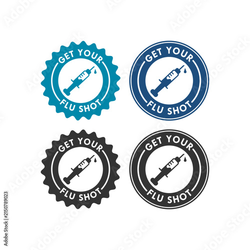 Get your flu shot medical stamp badge icon set with syringe syringe symbol for vaccination, healthcare, clinic, medicine, and virus prevention campaign.