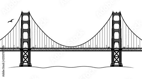 Golden gate bridge vector illustration featuring sleek black lines on a clean stark white background