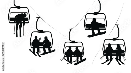 Skiers and snowboarders riding black silhouette chairlifts during cold snowy winter weather on high mountains